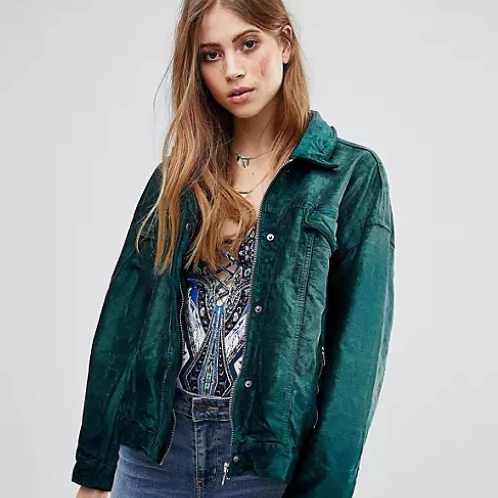 Free People Green Velvet Trucker Jacket